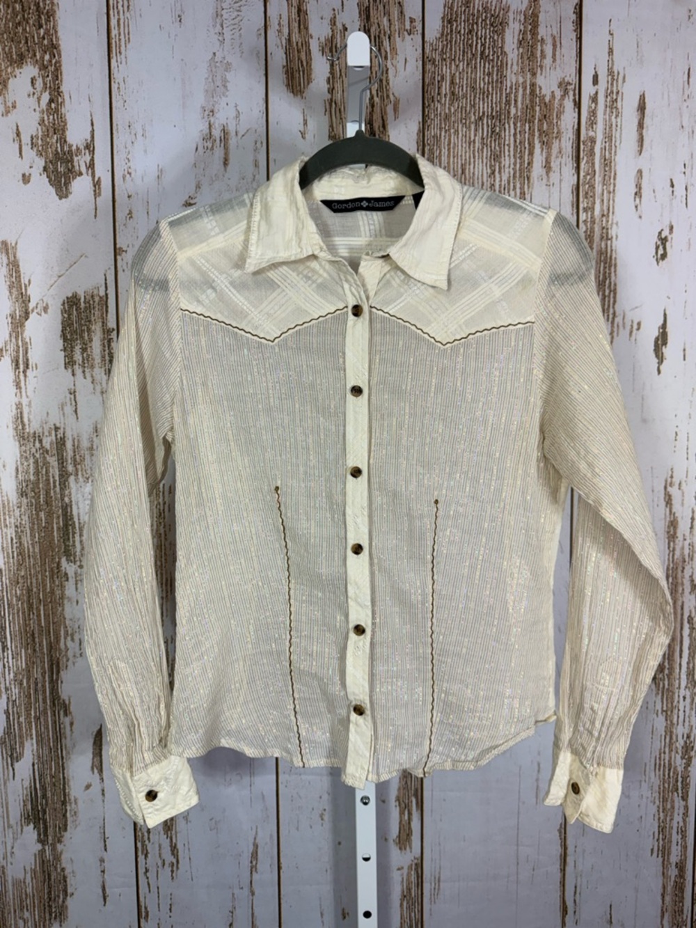 Gordon James, Cream Sheer Button-Down Western Shirt. Size Small.